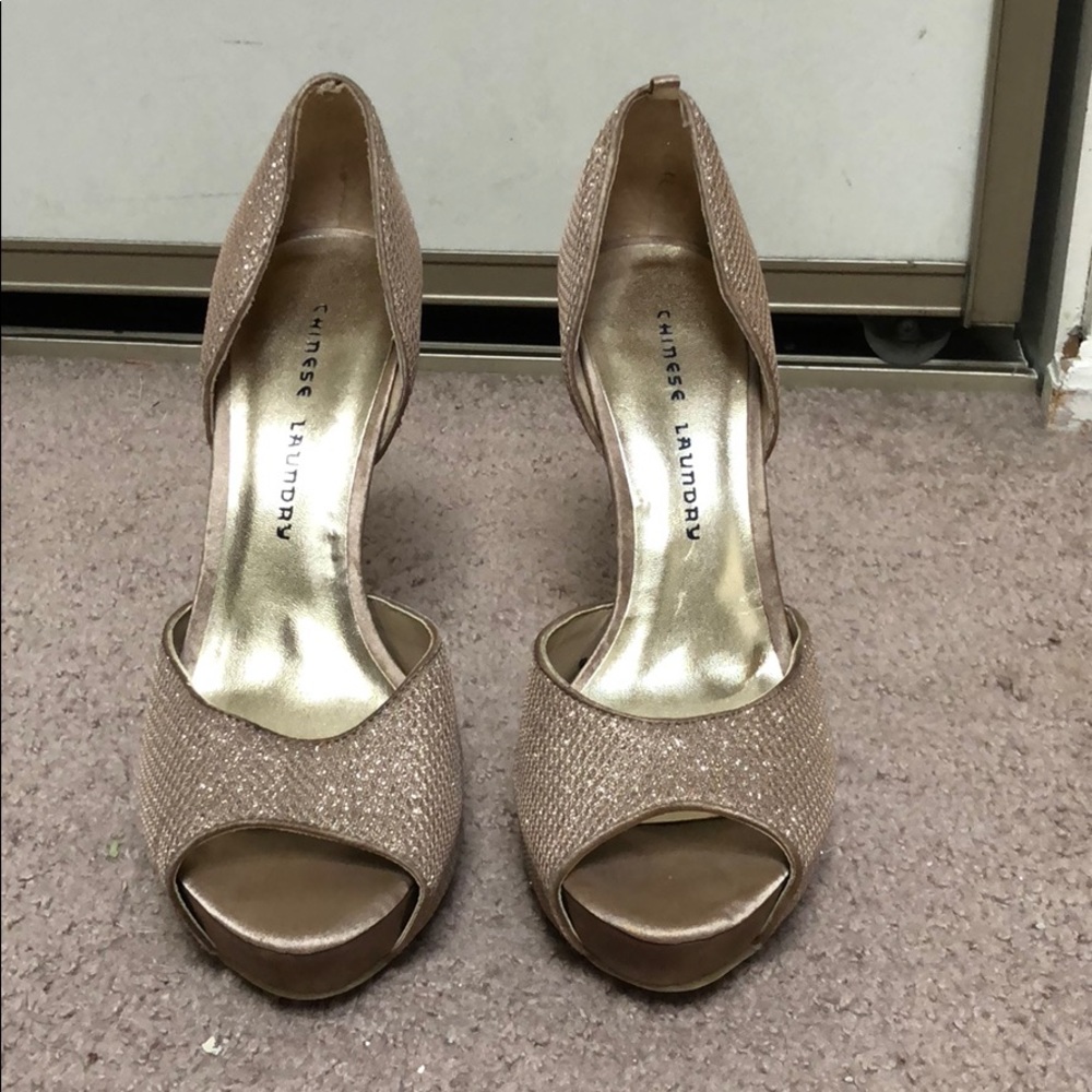 Chinese Laundry gold platform peep toe heels